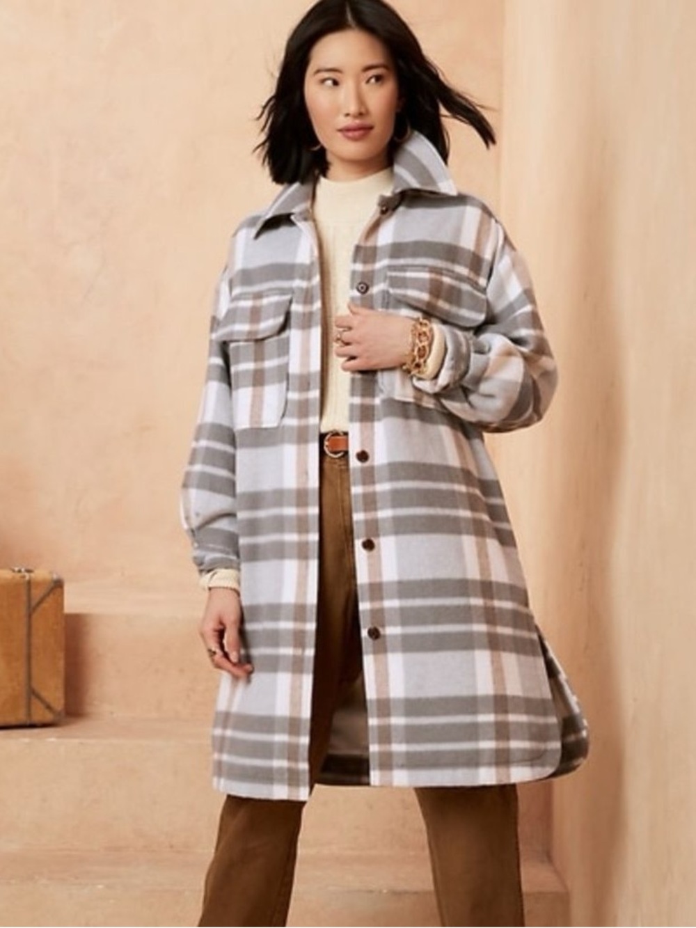 VGUC Banana Republic Factory Wool Blend Plaid Long Shacket Shirt Jacket Gray S